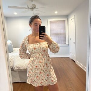 Lush Floral Long Sleeve Dress in Cream and Orange